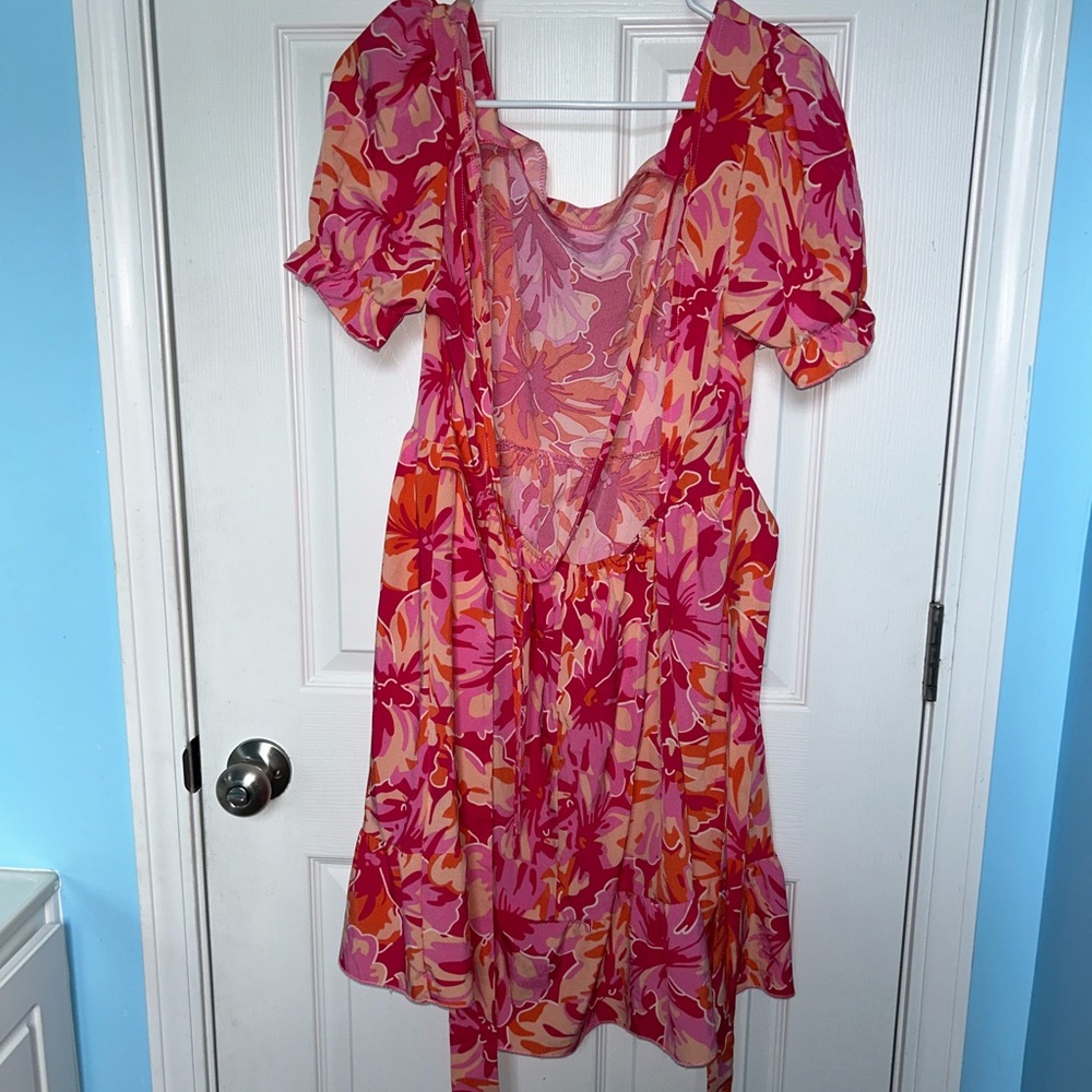 Vibrant Pink & Orange Floral V-Neck Dress